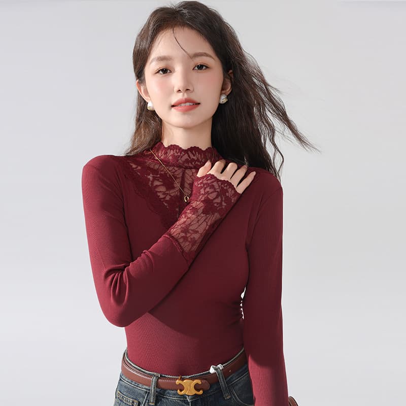 Lace Top Women Long Sleeve 2024 Autumn Winter New Plus Size Women's Half High Neck Mesh Inner Layering Base Tee Stylish Shirt
