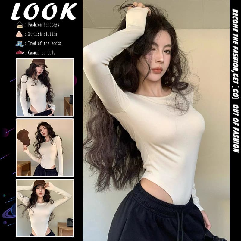 New Autumn/Winter Bodysuit Inner T-Shirt for Women, Slim Fit Korean Style with Shoulder Pads, Long Sleeve Base Top with Built-in Bra, Ins Fashion