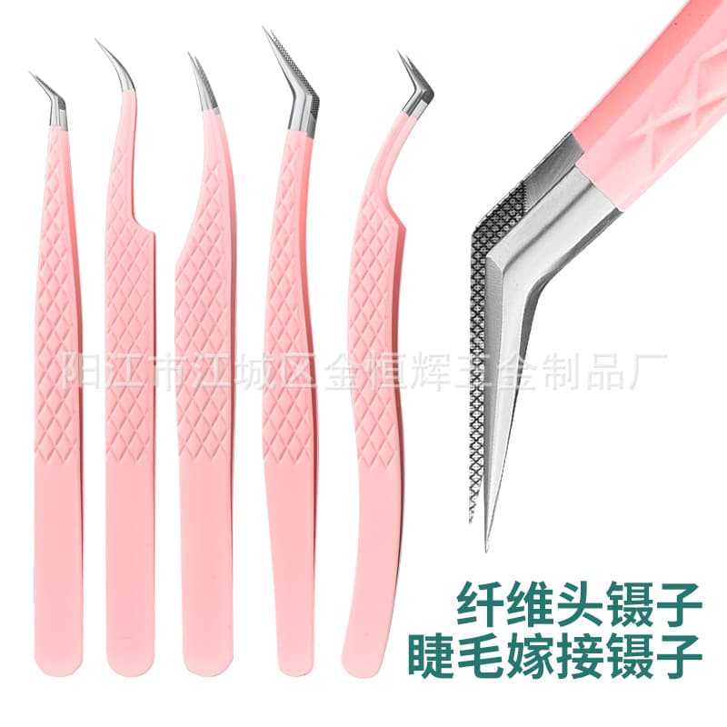 Contract Cross-border Fiber Head Eyelash Tweezers High Quality Eyelash Tools Mesh Pink Fiber Tips Clip