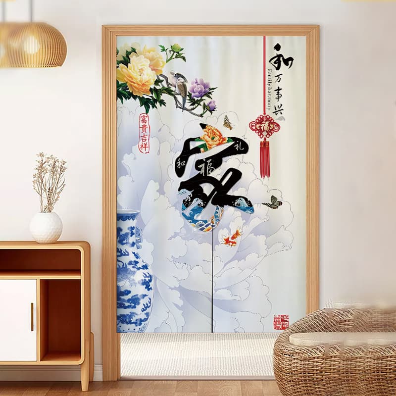 Home Fabric Curtain Partition New Chinese Style Living Room Hanging Curtain Bedroom Kitchen No-Drill Beautiful Pattern Decoration