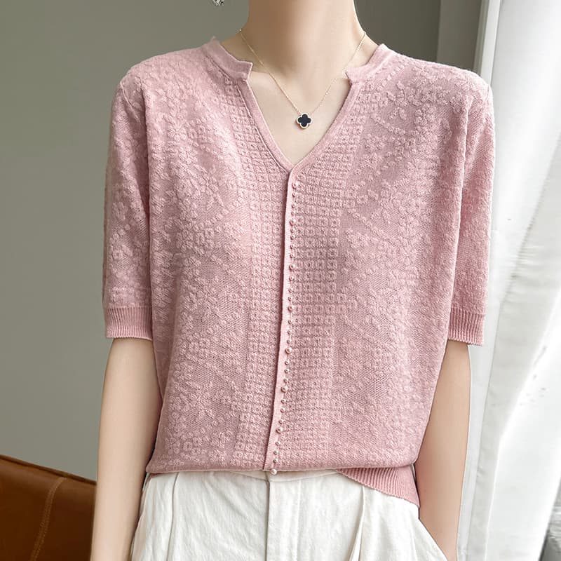 Loose Knitted Short Sleeve V-Neck Women's T-shirt Spring Summer New Style Fashion Casual Versatile Top Slimming Effect