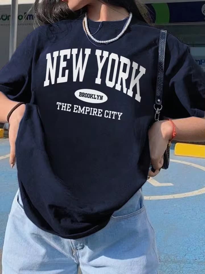 Women's Loose Casual New York Print T-Shirt for Summer Daily Wear in Black, Dark Gray, Green, Pink, Purple Cotton
