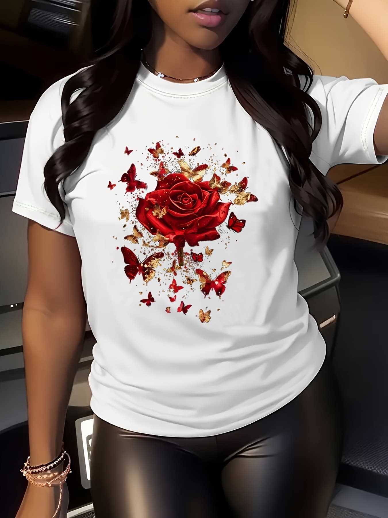 Women's Floral Rose Butterfly Print T-Shirt Casual C