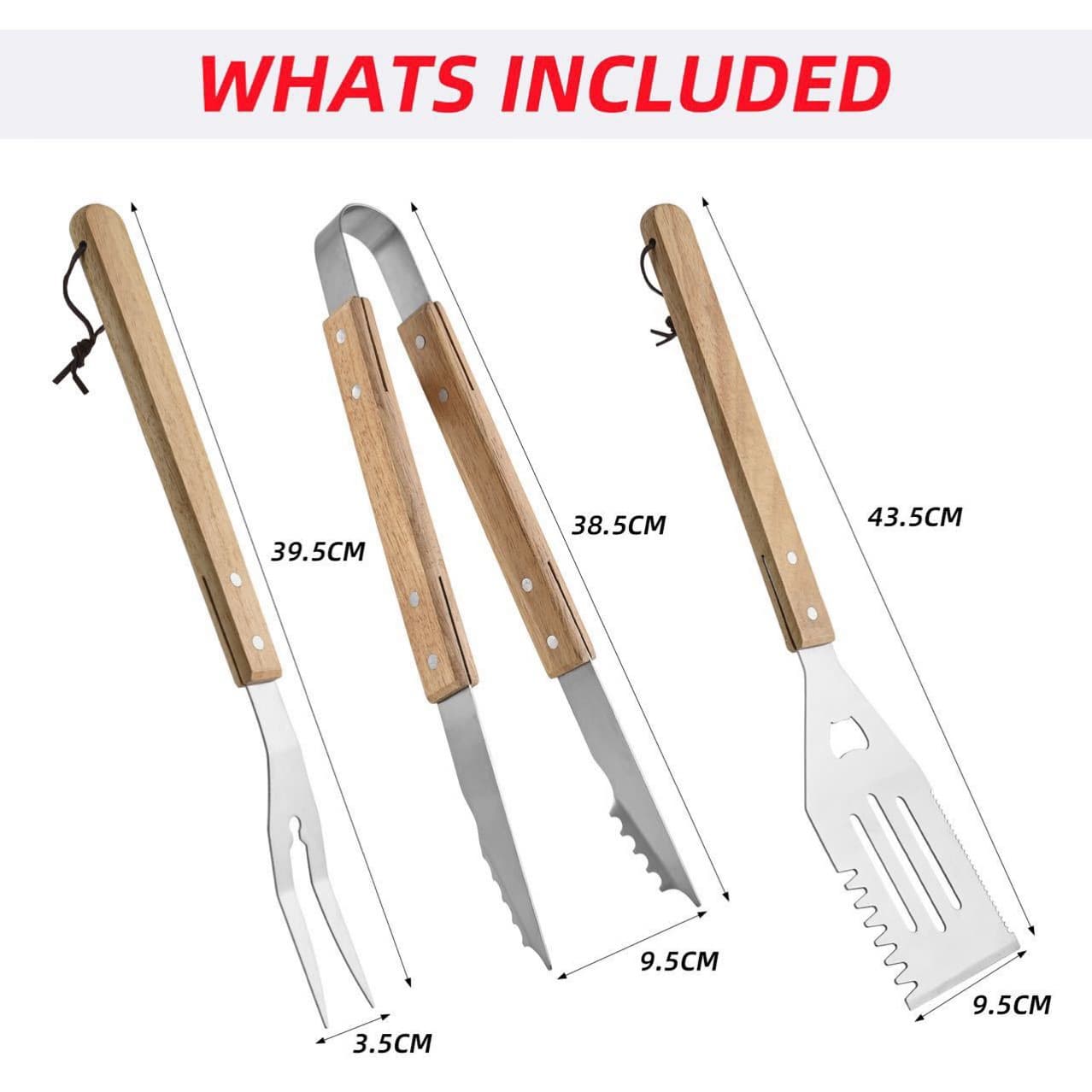 Manufacturer Supply Barbecue Tool Set Combination Stainless Steel Outdoor Grilling Utensils BBQ Tools Wood Handle Fork Spatula Tongs Set