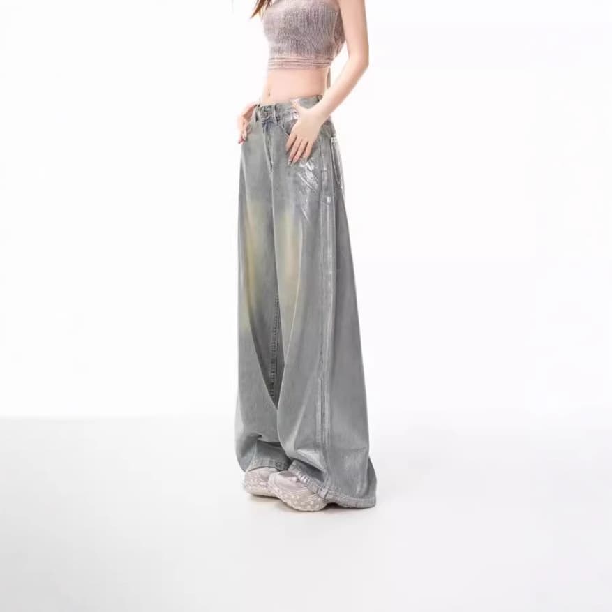 Retro American Silver Washed Straight Leg Jeans Women's Loose Wide Leg Pants High Waist Classic Style Comfortable Casual Trousers