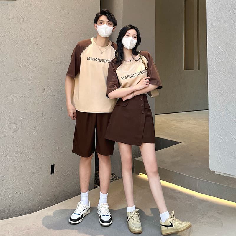 Couple Summer Short Sleeve 2023 Men Women Color Block T-Shirt You Shirt I Skirt Two-Piece Set