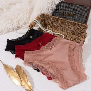 Women's Low-Rise Sexy Lace Trim Cotton Crotch Breathable Triangle Panties, Cross-Border Trade Source