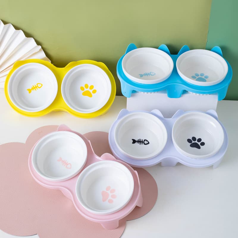 Cat Bowl Ceramic Double Bowl Water Bowl Protection Cervical Spine High Foot Oblique Cat Food Bowl Drinking Bowl Pet Bowl Pet Supplies