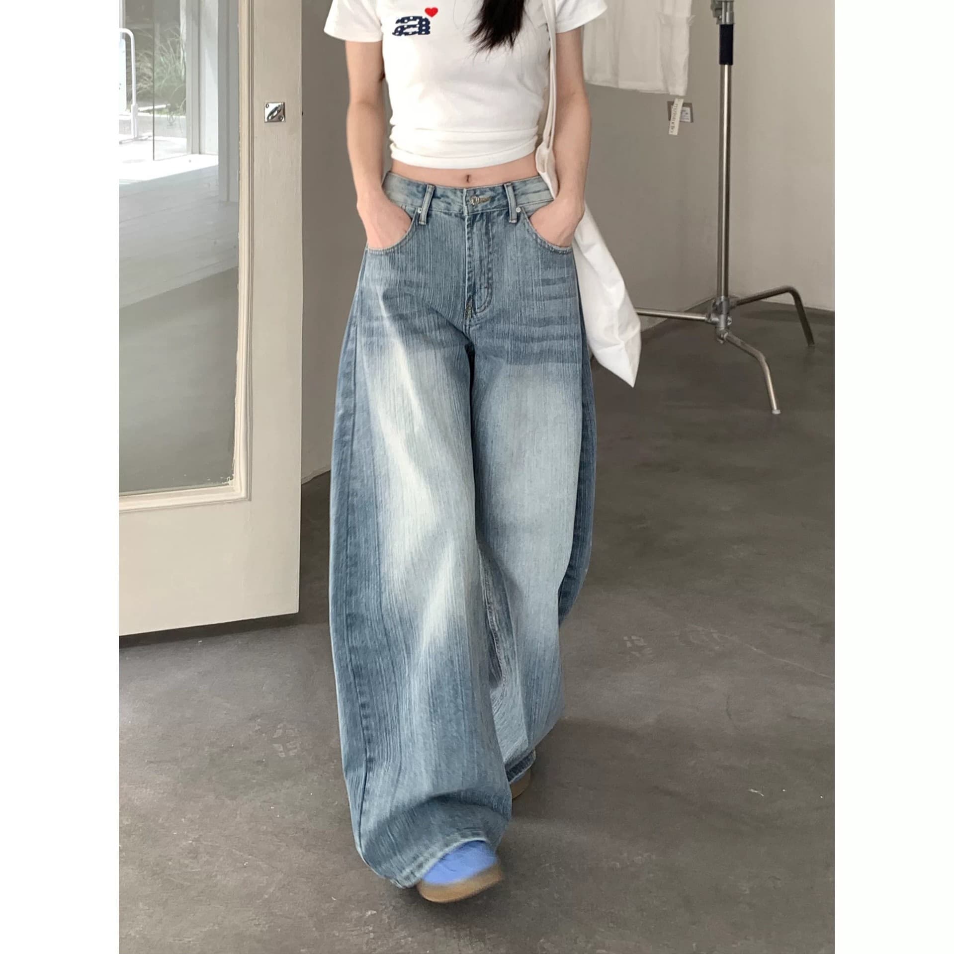 Blue Retro Washed Loose Jeans Women's Summer New Pants High Waisted Floor Pants Wide Leg Pants Scimitar Pants