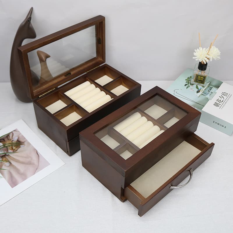 In-Stock Solid Wood Jewelry Box with Flip Lid and Transparent Glass, Compartmentalized Organizer for Rings, Earrings, and Pendants, Wholesale
