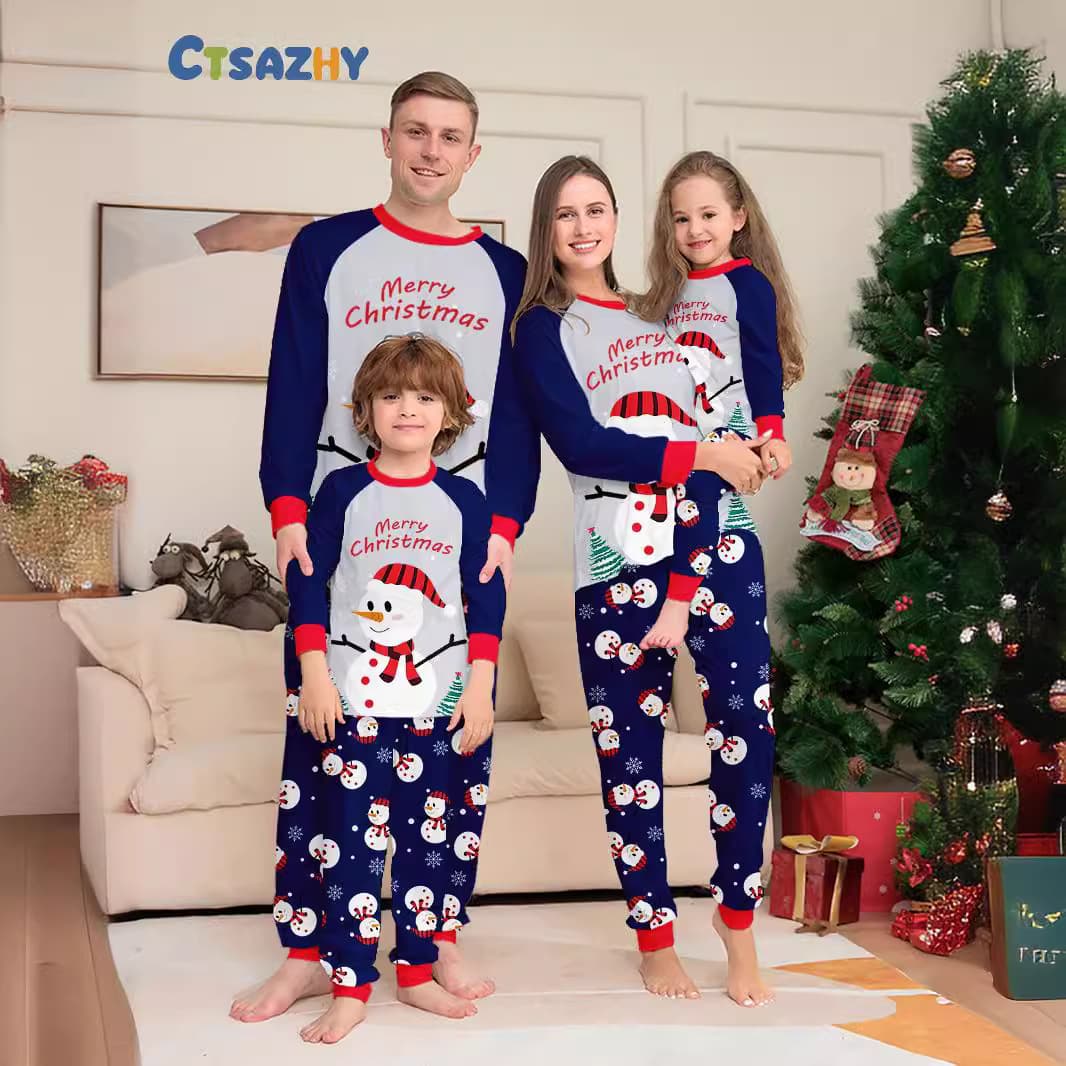 New Year Autumn/Winter Style White Snowman Parent-Child Christmas Pajamas Cartoon Family Set for Three or Four Members
