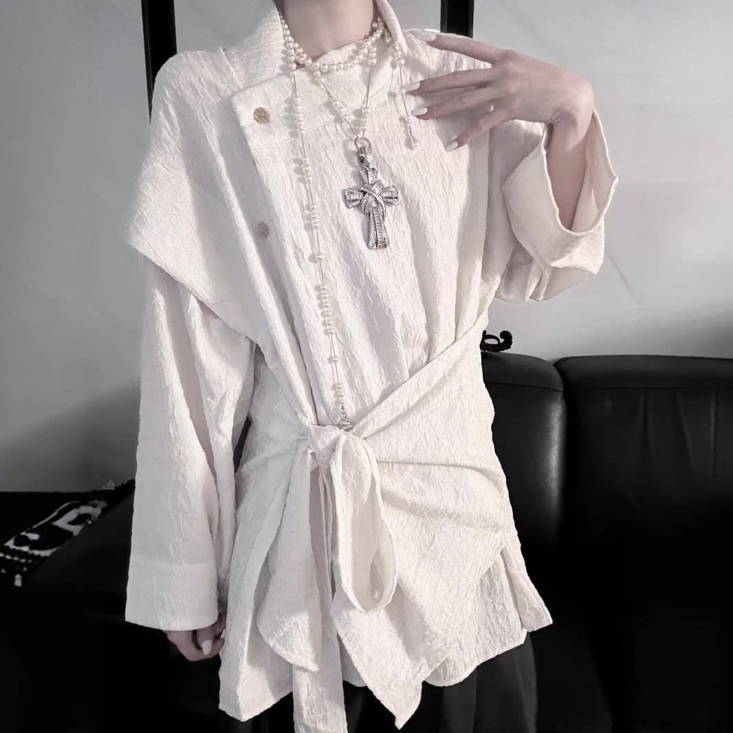 Simple and trendy Japanese niche design short-sleeved shirt for men fake two-piece tops fashionable literary new Chinese style shirt