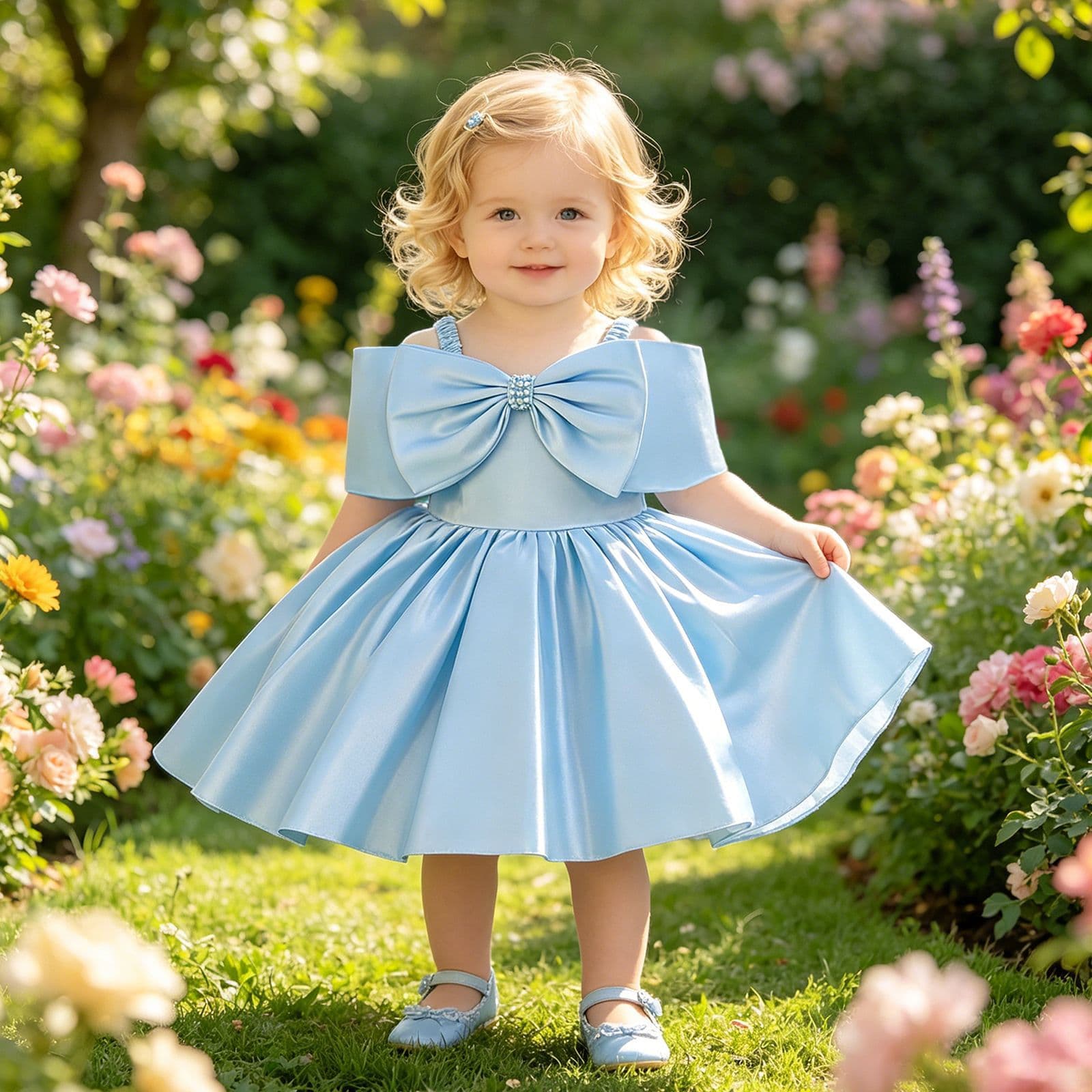 Baby girl's first birthday party dress 2026 new large bow satin birthday puffy children's dress baby dress