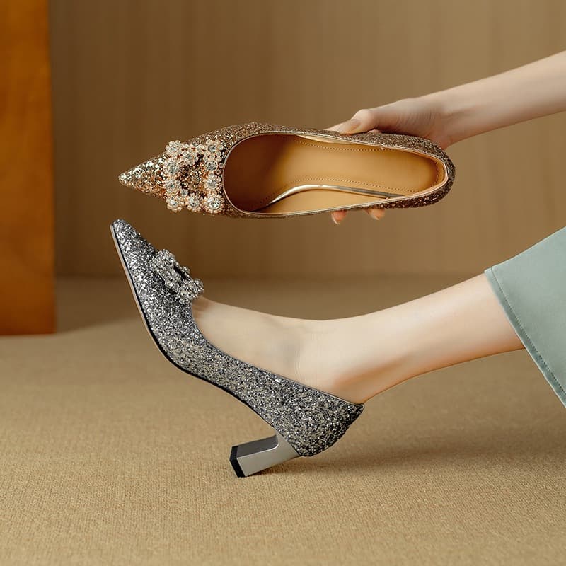 2026 Spring/Autumn Chunky Heel Champagne Gold French High Heel Women's Shoes Rhinestone Square Buckle Bride Wedding Shoes Bridesmaid Dress Shoes