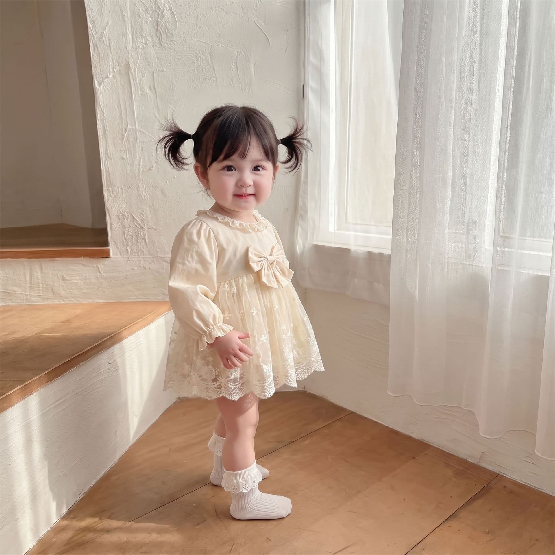 Baby girl long-sleeved butt-covering dress baby autumn new sweet mesh princess baby full moon pure cotton harem