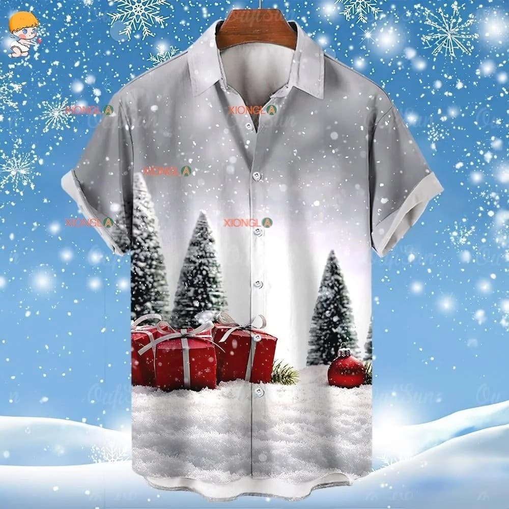 Christmas 3D Printed Short Sleeve Shirt Men's Loose Casual Holiday Party Shirt Hawaiian Casual Cardigan