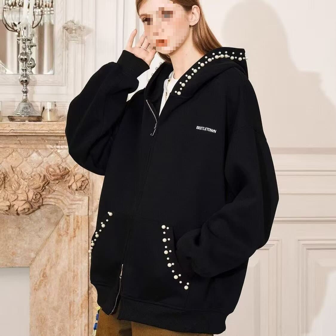 National fashion brand American retro pearl letter embroidered sweatshirt for women spring and autumn loose casual sports cardigan hooded jacket