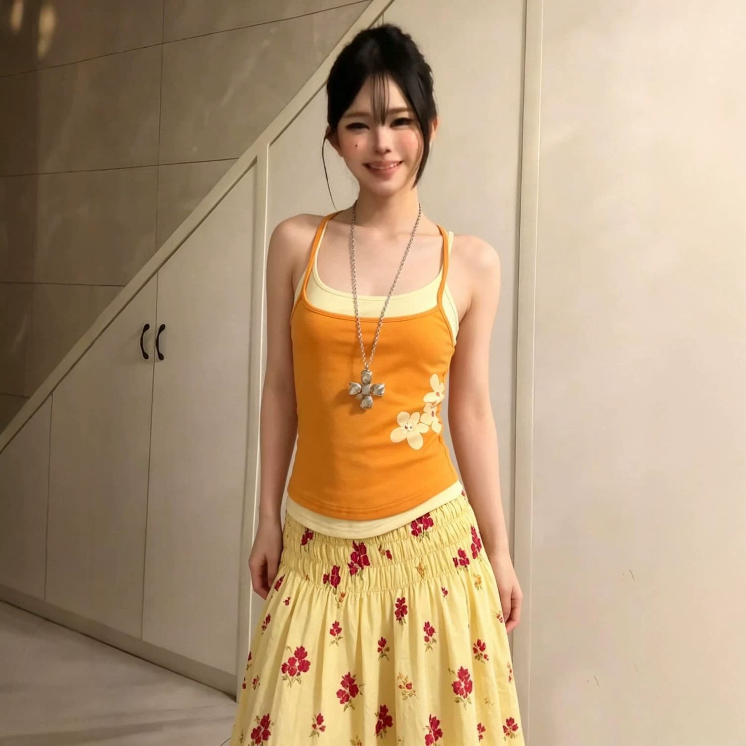 Dopamine Yellow Contrast Color Patchwork Fake Two-Piece Floral Print Camisole Top Women's Summer New Slim Fit Fashion Top