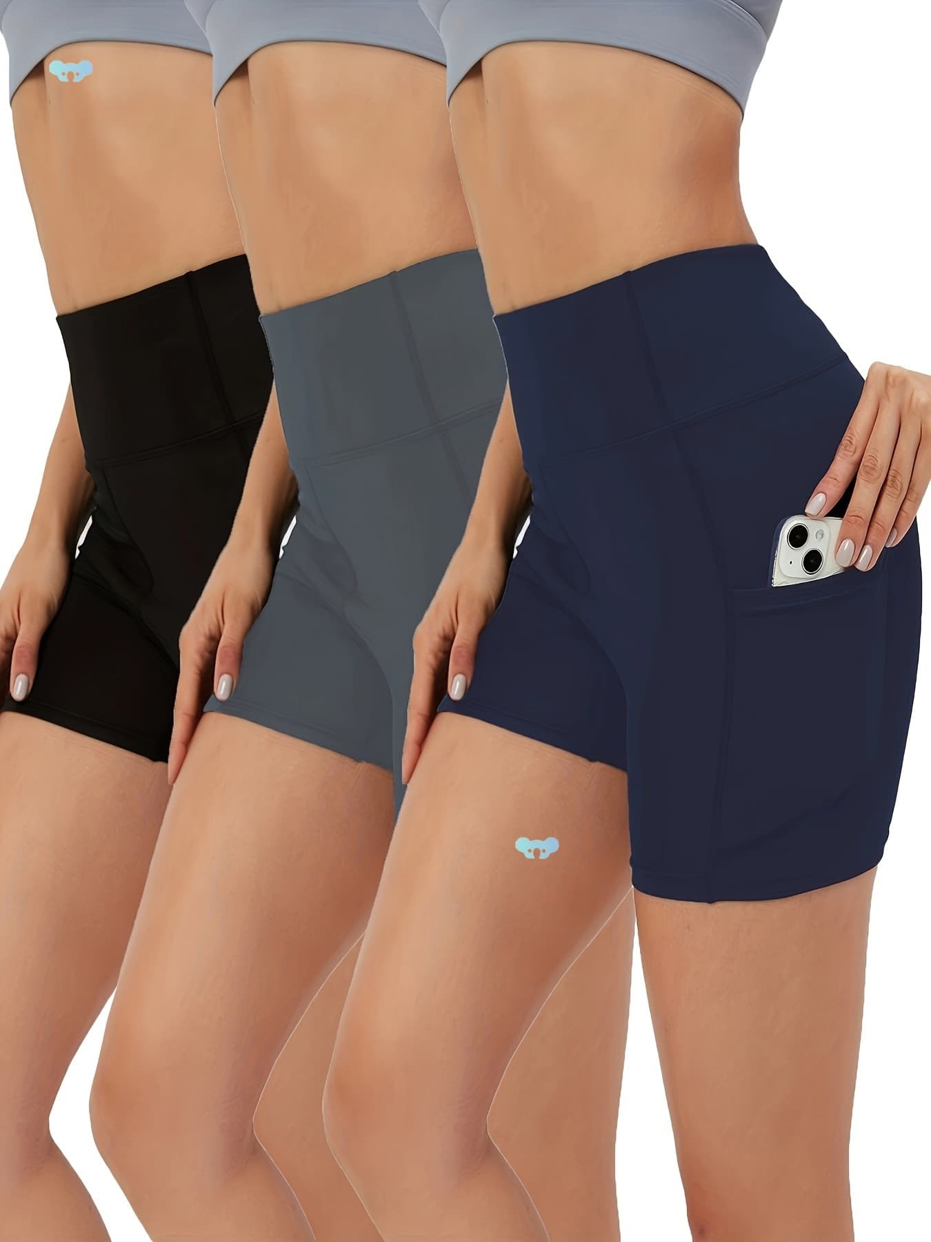 3pcs High Waist Tummy Control Yoga Shorts With Pockets