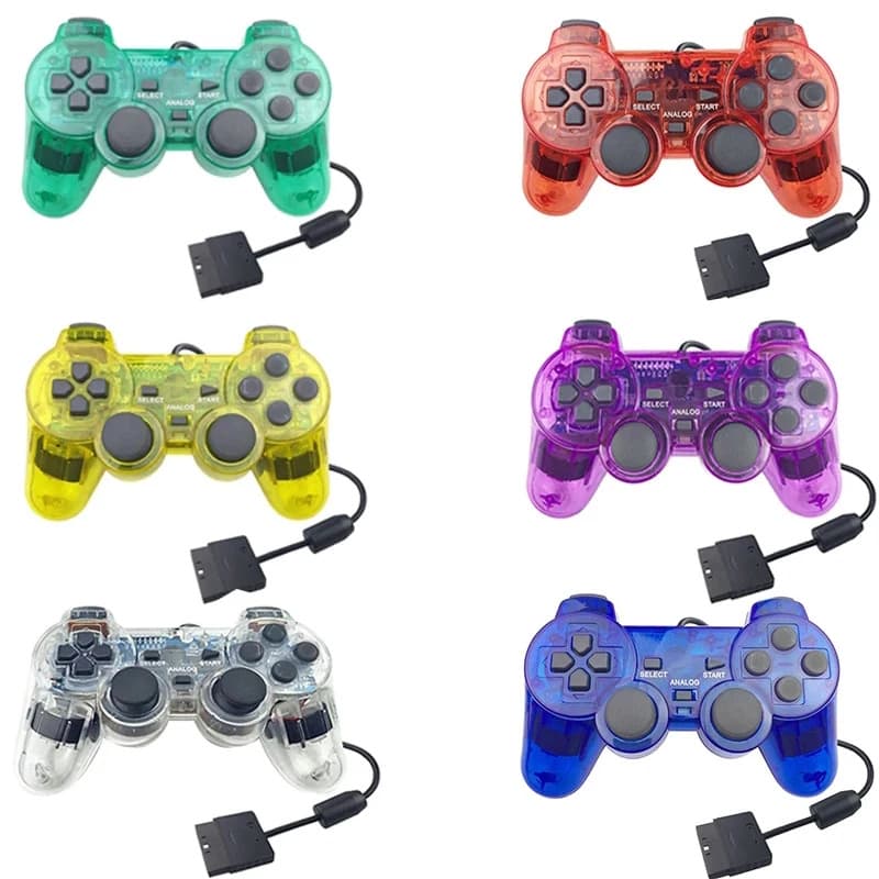 In Stock P2 Wired Transparent Game Controller for PS2 Console, Dual Vibration Dual Motor, Transparent Color