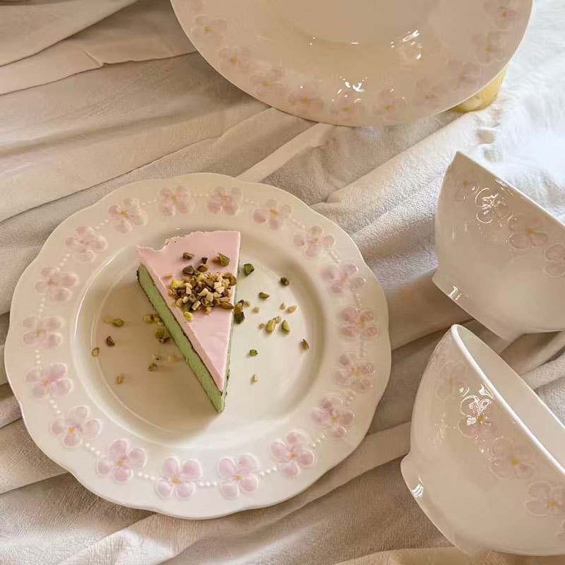 Healing Cream-Style Cherry Blossom Ceramic Dinnerware Set with Embossed Ceramic Plate, Home Single-Serving Breakfast Dessert Plate Snack Dish