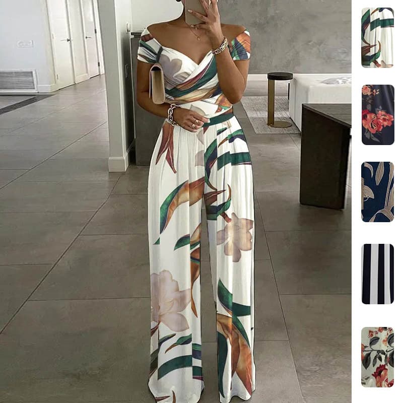 2026 European and American Women's Fashion Summer New Arrival Elegant Vacation Style Printed High-Waist Off-Shoulder Jumpsuit