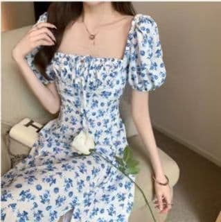 2026 Summer Fashion Women's Square Neck Puff Sleeve French Floral Dress Fishbone Large Skirt Holiday Tea Break Dress
