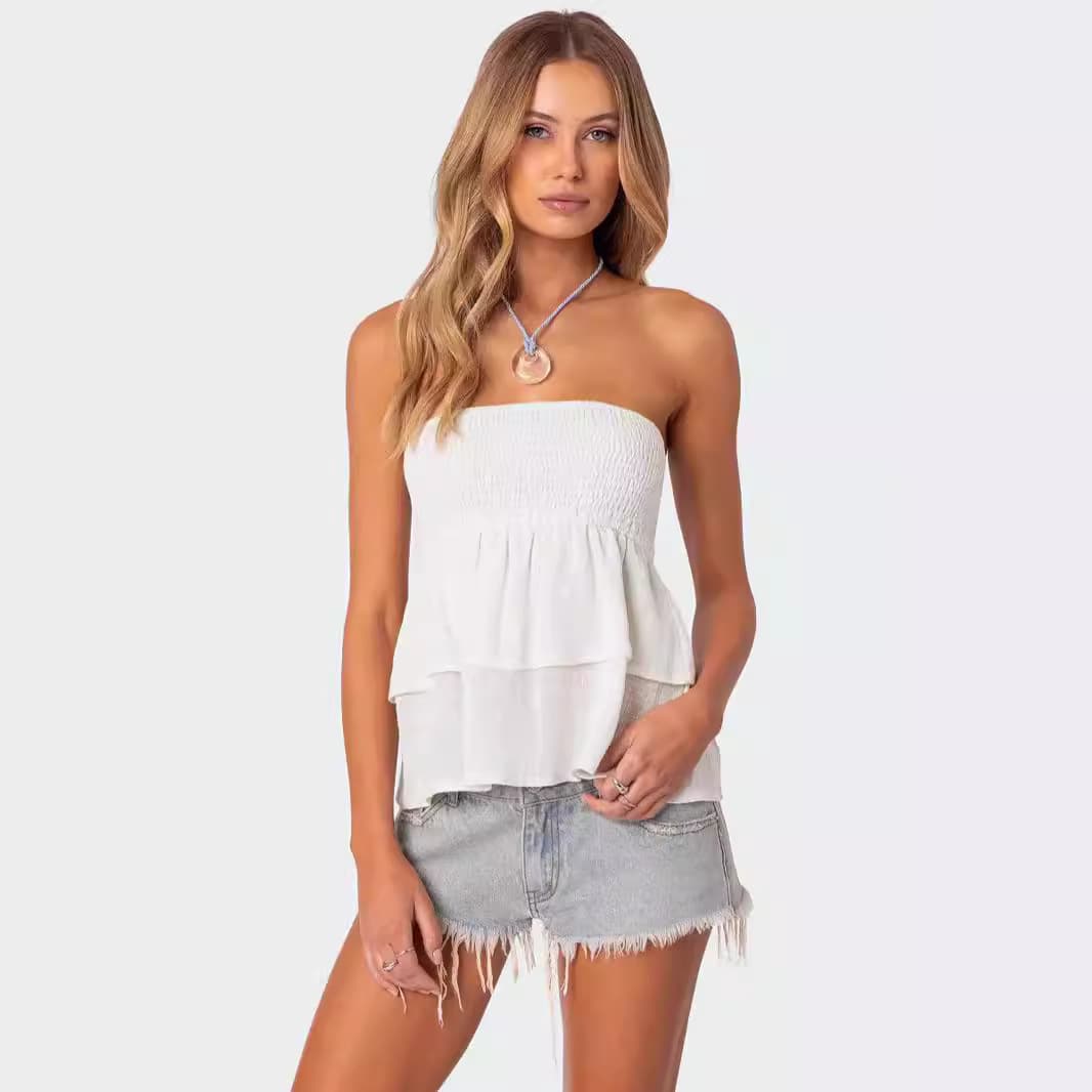 Amazon Best Selling 2024 New Cross-Border Summer Wrap Chest Sexy Top Off-The-Shoulder Double Layer Women's Clothing Direct Sales