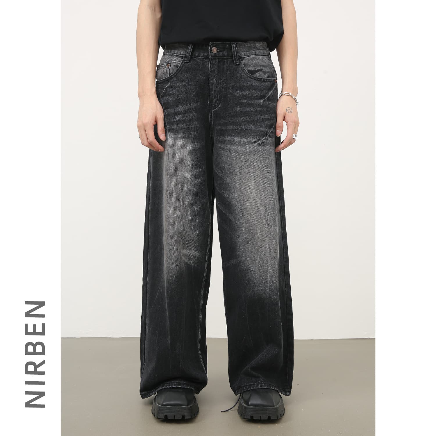 Nirben Denim | American High Street Lightning Pattern Loose Straight Denim Men's Retro Washed Cleanfit Pants