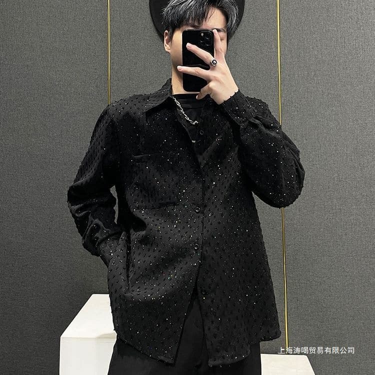 Trendy brand summer design men's starry hairstylist shirt nightclub loose trendy long-sleeved fashion shirt handsome