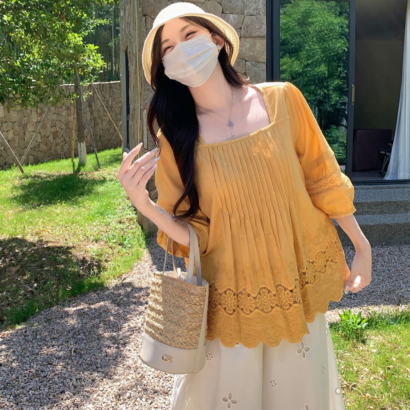 Masisi plus size women's French embroidered lace square neck shirt summer fat mm loose slim right shoulder top