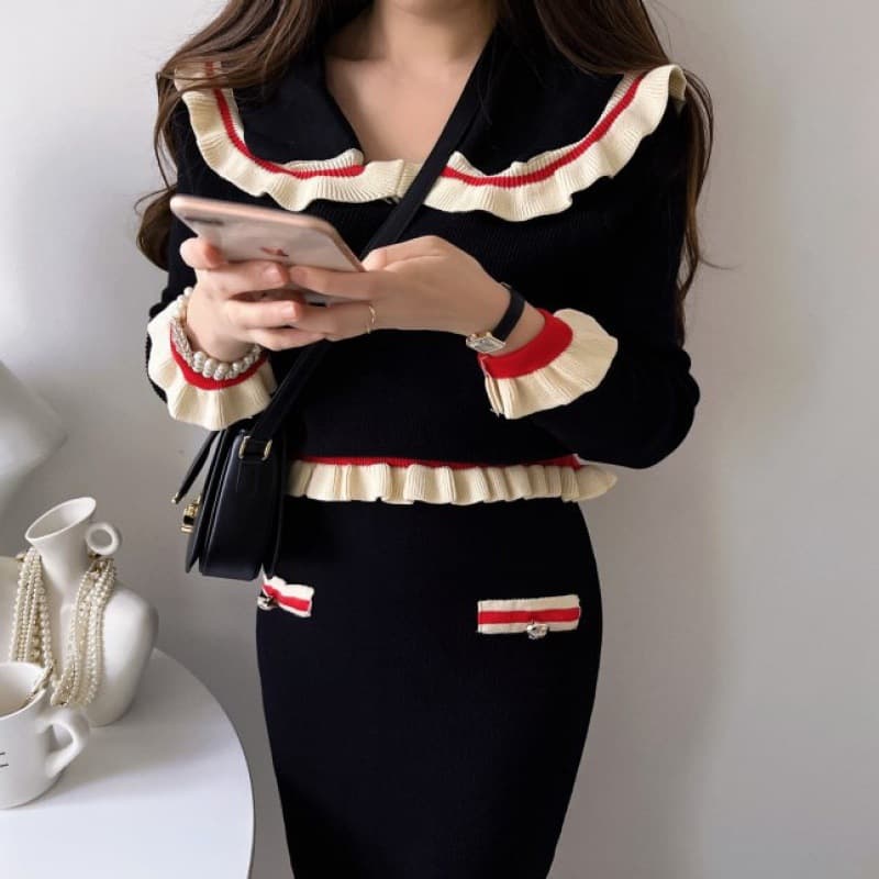 Foreign Trade Women's Wear Korean Version INS Fashion Youthful High-End Sense Peter Pan Collar Top + Pencil Skirt Two-Piece Set