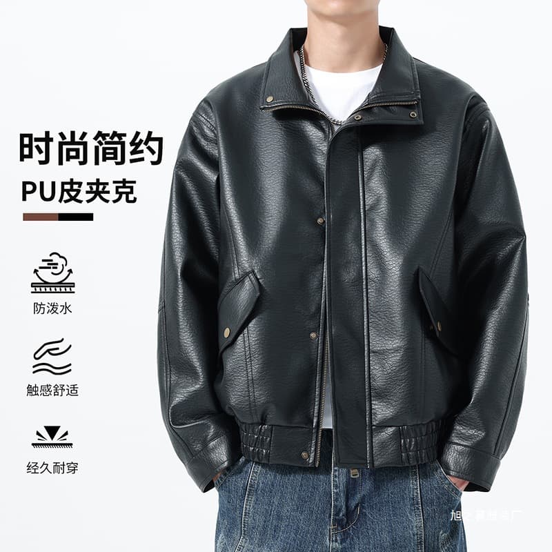 Men's Leather Jacket 2025 New Style Notch Lapel Zip-Up Cardigan Loose Fit Young Men's Leather Coat