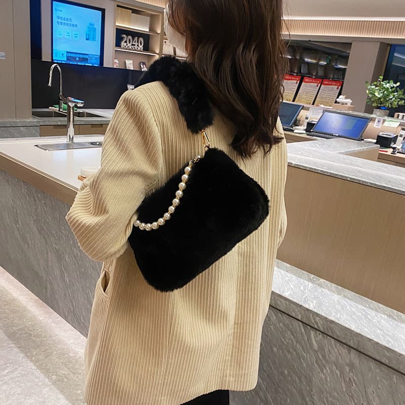 Women's Plush Bag 2026 Spring Single Shoulder Crossbody Versatile Fuzzy Bag Pearl Chain Handbag Influencer Ruched Bag Light Luxury