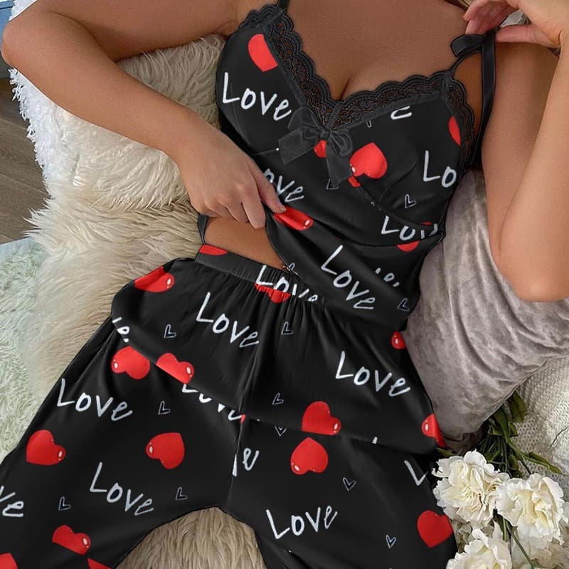 Cross-border Amazon AliExpress Hot Selling Printed Camisole and Long Pants Loungewear Set Sexy Lace Trim Pajamas for Women