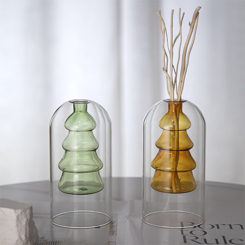 Flame-Free Aroma Diffuser Bottle Creative Double-Layer Blown Colored Christmas Tree Scented Bottle Home Decoration Hydroponic Flower Vase