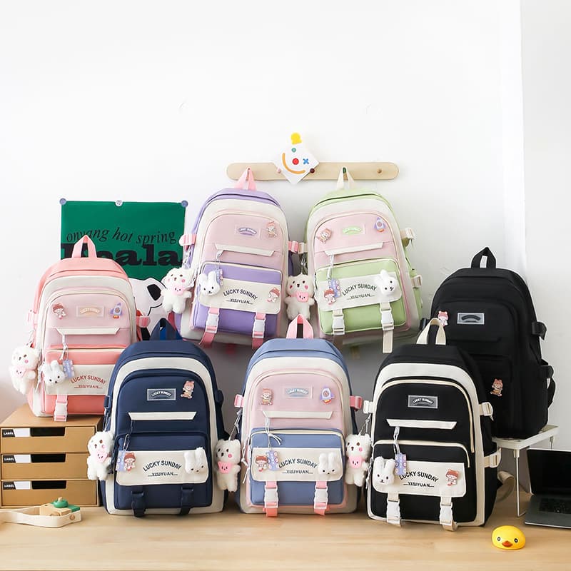5-Piece Set School Backpack for Girls, Campus Fresh Style, Large Capacity, Middle and High School Double Shoulder Bag, Weight-Reducing Spine Protection