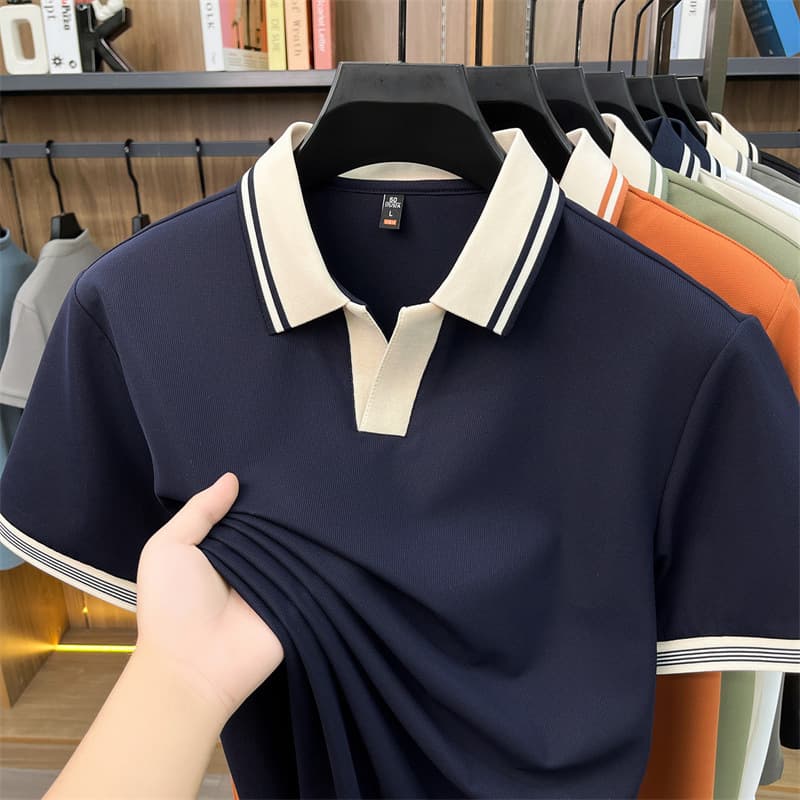 New Summer Nylon-Silk Ice Silk Short Sleeve T-Shirt for Men Business Casual Fashion Versatile Turn-Down Collar