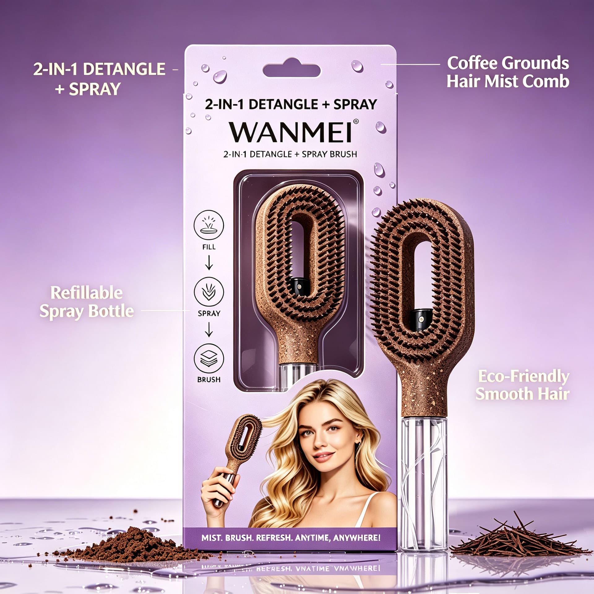 Cross-border spray comb essential oil atomized massage comb coffee grounds hair fluffing care hair smoothing comb boxed water spray comb