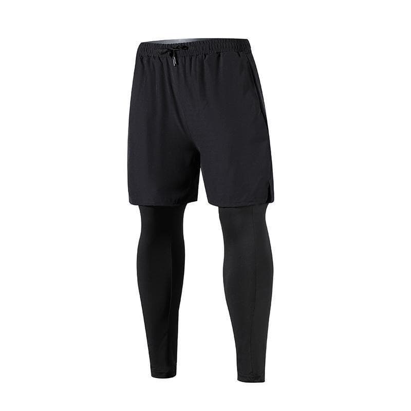 Two-Piece Illusion Sports Men's Elastic Tight Running Fitness Trousers Training Quick Dry Double Layer Basketball Trousers Trend