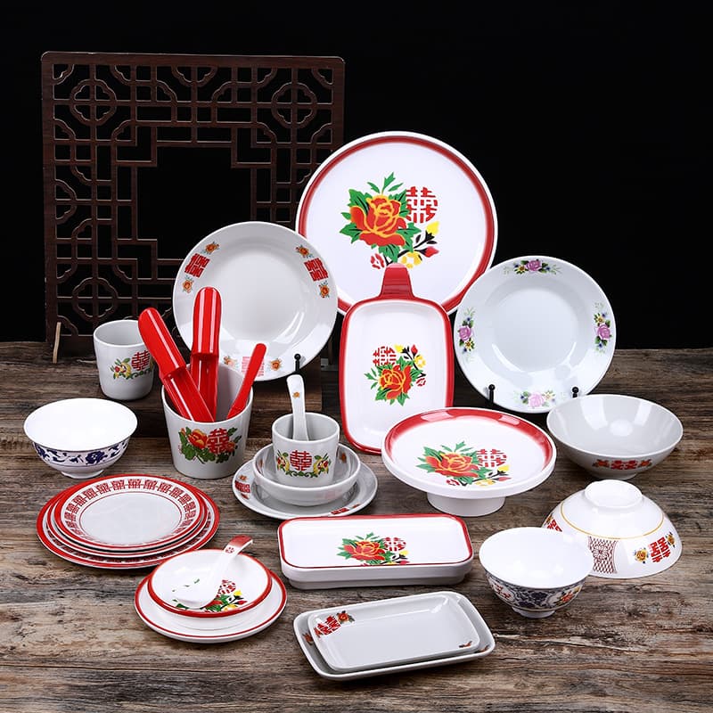 Restaurant Table Setting 4-Piece Tableware Set Double Happiness Plate Old-Style Hot Pot Side Dish Plate Round Plate Melamine Small Bowl