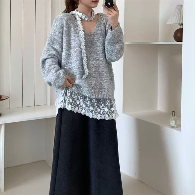 Korean Loose Sequin Ribbon Knit Sweater with Lace Spliced V-Neck Top for Women, Lazy Style Mid-Length Sweater