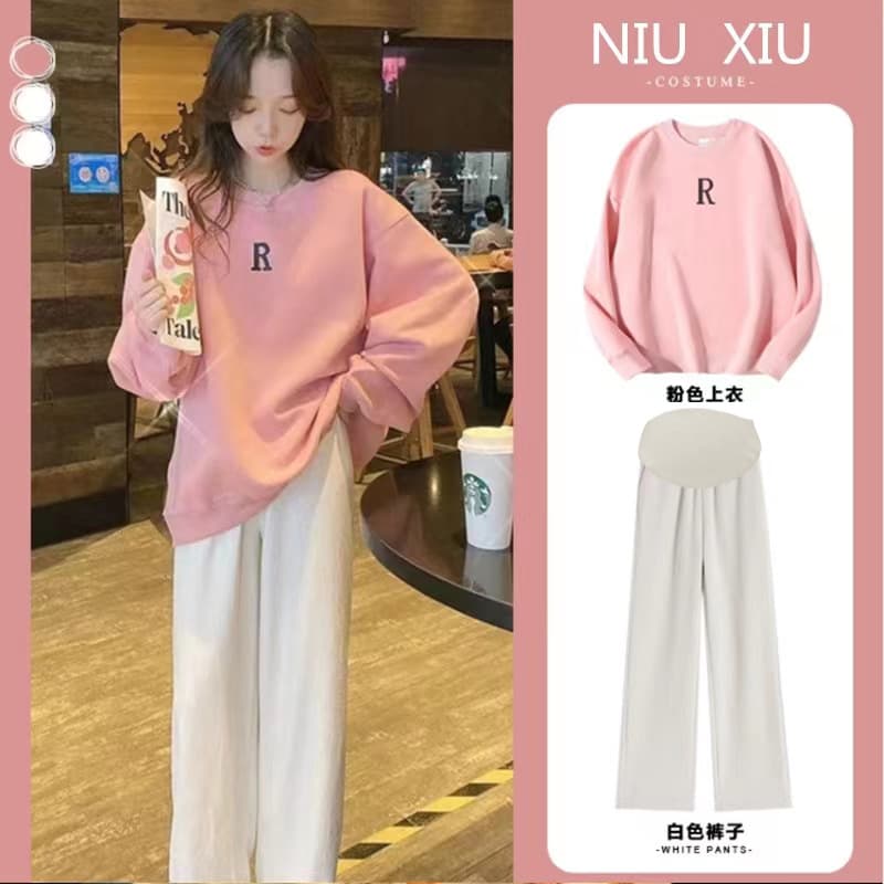 Maternity Fall Outfit Set Fashionable Autumn Spring Hoodie Base Layer Wide Leg Pants Two-Piece Set