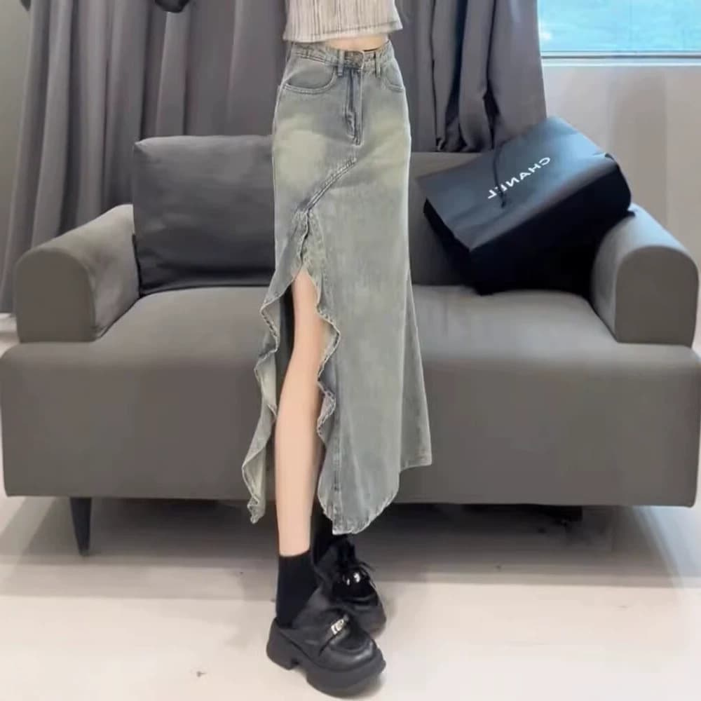 Plus Size Vintage Irregular Ruffle Denim Skirt for Women Summer Hot Girl Design Slit Fishtail Bodycon Skirt