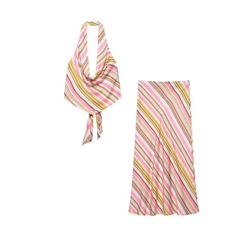 Export order! 2026 new summer striped silk-like texture halter neck top 2877337 skirt 6929419