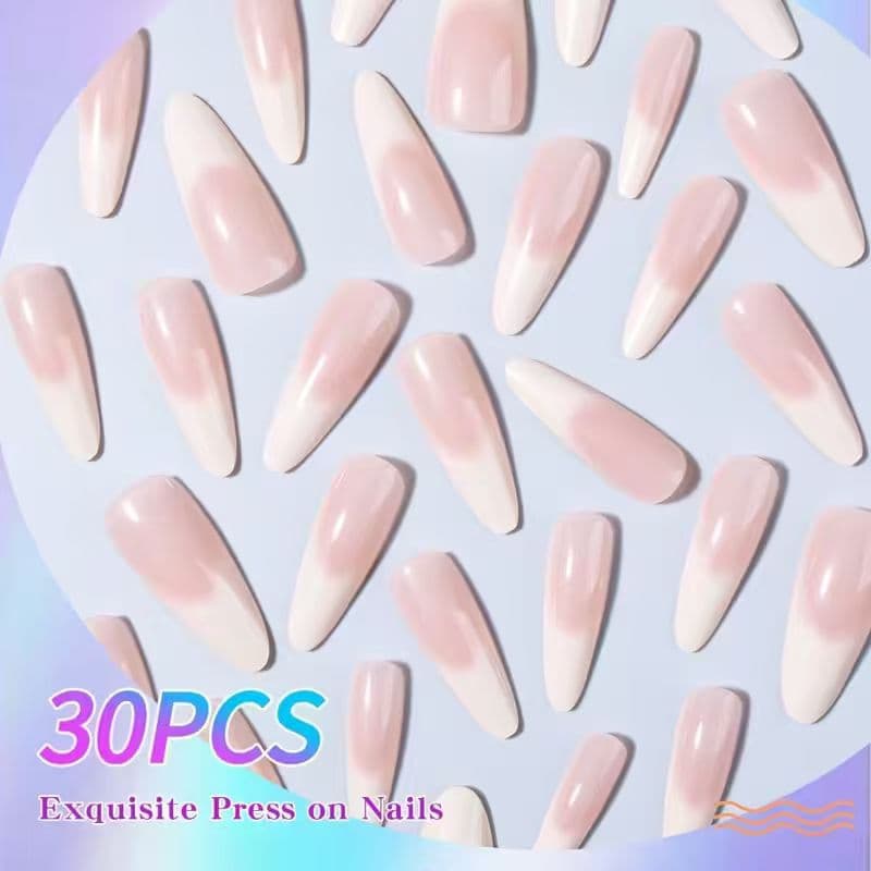 Nude pink gradient French ballet wearable long almond false nail patches 30 pieces gentle gradient removable