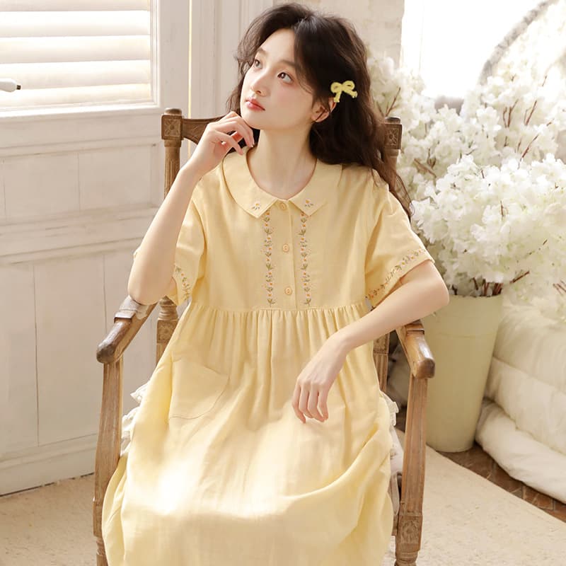 Women's Summer Pajamas, Pure Cotton Gauze, Exquisite Embroidery, Midi Length, Wearable Outside, Sleep Dress 59