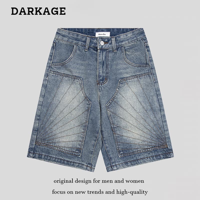 National trend American line deconstruction washed distressed cargo denim shorts unisex trendy vintage loose straight-leg five-seventh shorts