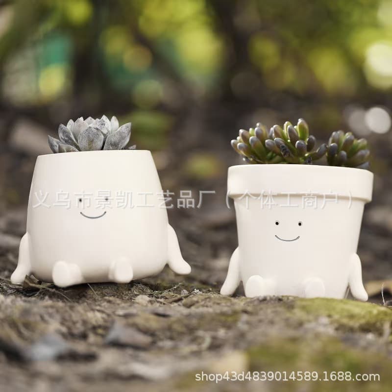 New Cross-Border Cute Round Face Sitting Flower Pot for Succulents, Home Office Desktop Decoration