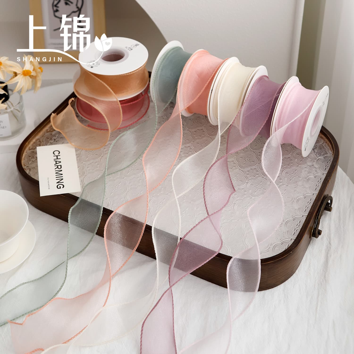 Solid Color Mermaid Yarn Bouquet Wrapping Ribbon Wavy Yarn Pearl White Mesh Floral Wrapping Ribbon Bow Decoration